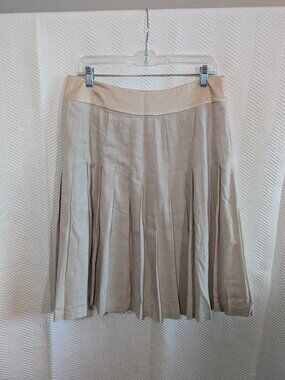St John Collection Beige Linen Blend Pleated Skirt Silk Waistband Size 10